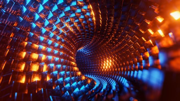 Flying through a tunnel of blue and orange metal cubes. 3D rendering illustration..