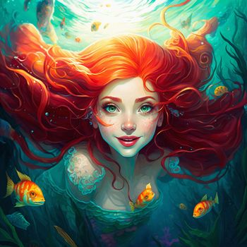 Beautiful mermaid with red hair, illustration. download image