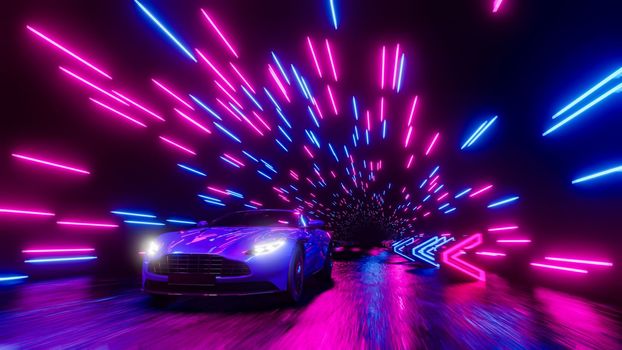A sports car with its headlights on is racing down a night road. 3D rendering illustration..