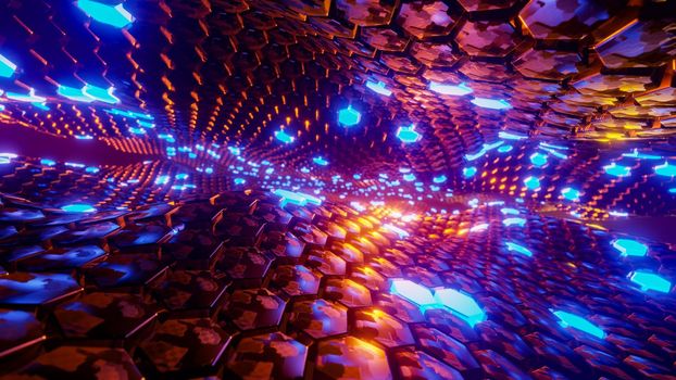 Flying through a tunnel with waves and neon light. 3D rendering illustration..