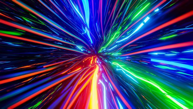 Flying inside multicolored optical cables. 3D rendering illustration..