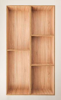 Rack with shelves made of light wood against white background. Sturdy construction with several shelves mounted on supporting vertical boards. Solving problem in absence of storage space for items