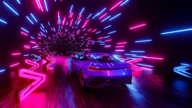A sports car rushes through a neon tunnel with direction signs. 3D rendering illustration..