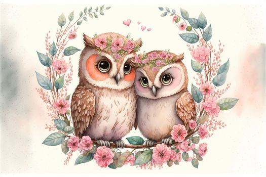 Cute little owl in love on romantic Valentine's day hand drawn cartoon style. Generative AI