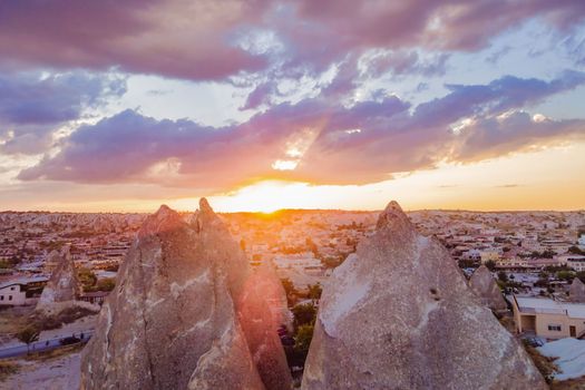 Beautiful stunning view of the mountains of Cappadocia and cave houses. Turkey.