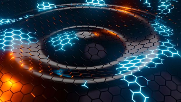 A surface of hexagons moving in waves. 3D rendering illustration.