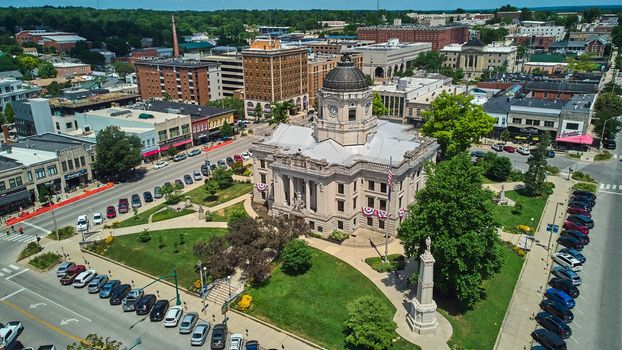 Image of Bloomington Indiana aerial of stunning courthouse on the square