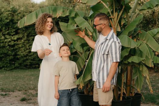Father, mother, and son are strolling through the palm trees in the tropical country. A close photo of a happy family in the garden in summer at sunset.