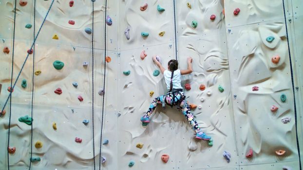 child climbs on a special wall for mountaineering. the girl of seven years in safety equipment is engaged in rock climbing on a special training vertical wall,. High quality photo