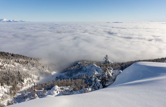 Winter mountains covered with snow landscape over clouds. High quality photo