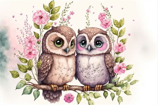 Cute little owl in love on romantic Valentine's day hand drawn cartoon style. Generative AI