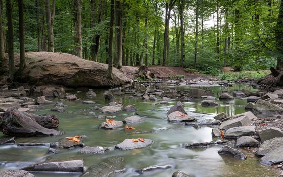 Panoramic image of idyllic creek during autumn season, Bergisches Land, Germany