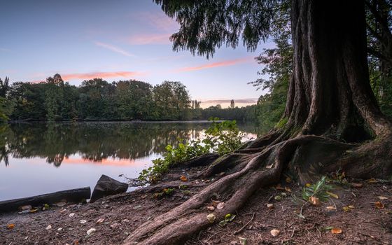 Panoramic image of beautiful and idyllic Bensberg Lake, Bergisch Gladbach, Germany