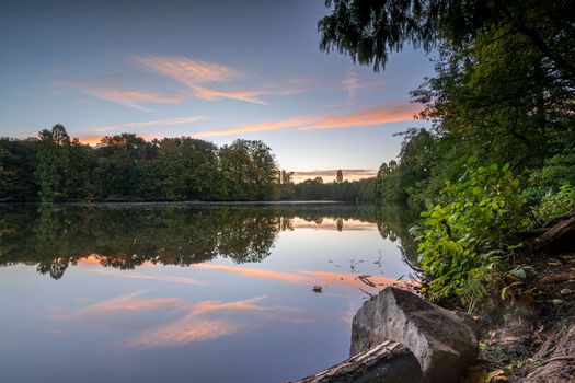 Panoramic image of beautiful and idyllic Bensberg Lake, Bergisch Gladbach, Germany