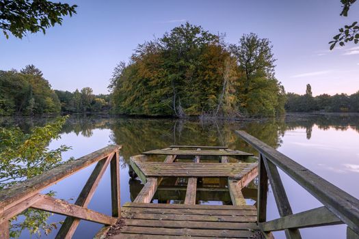 Panoramic image of beautiful and idyllic Bensberg Lake, Bergisch Gladbach, Germany