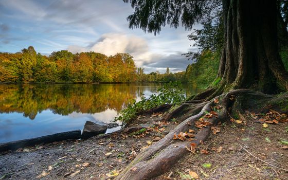 Panoramic image of beautiful and idyllic Bensberg Lake, Bergisch Gladbach, Germany