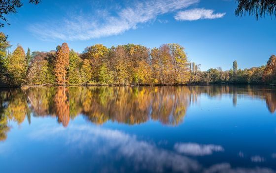 Panoramic image of beautiful and idyllic Bensberg Lake, Bergisch Gladbach, Germany