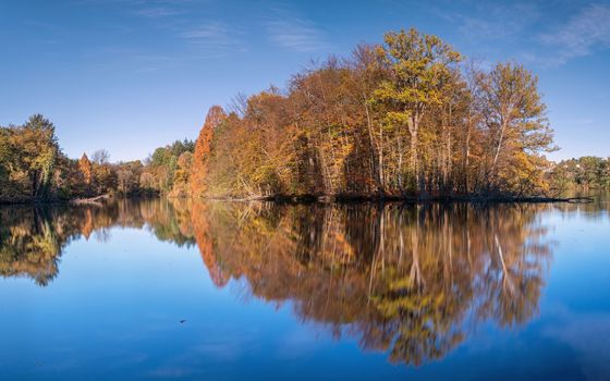 Panoramic image of beautiful and idyllic Bensberg Lake, Bergisch Gladbach, Germany