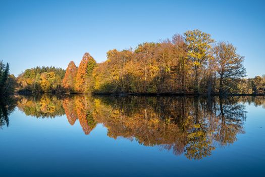 Panoramic image of beautiful and idyllic Bensberg Lake, Bergisch Gladbach, Germany