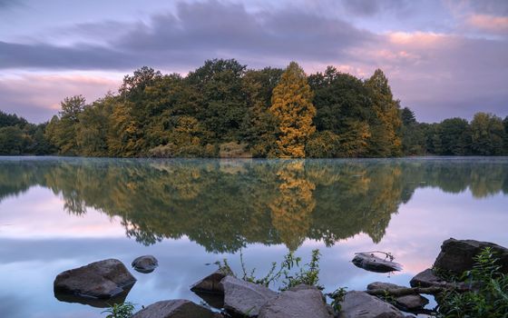Panoramic image of beautiful and idyllic Bensberg Lake, Bergisch Gladbach, Germany
