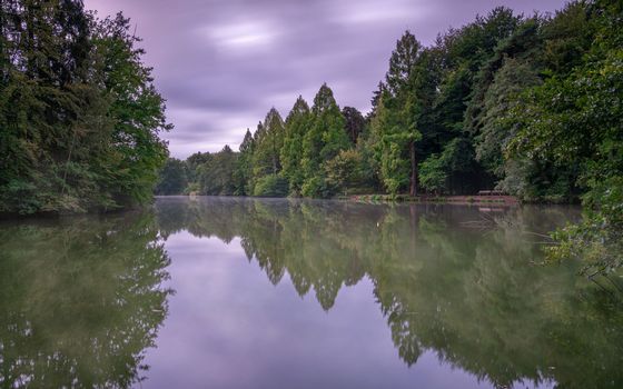 Panoramic image of beautiful and idyllic Bensberg Lake, Bergisch Gladbach, Germany