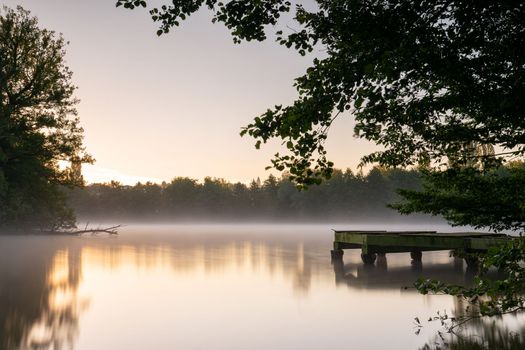 Panoramic image of beautiful and idyllic Bensberg Lake, Bergisch Gladbach, Germany