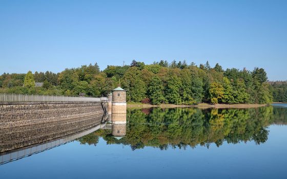 Panoramic image of Neye lake close to Wipperfurth on an early morning during autumn, Bergisches Land, Germany