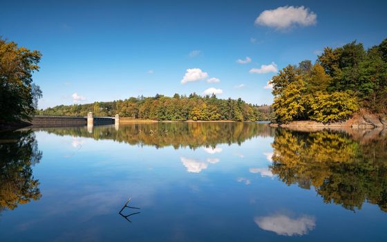 Panoramic image of Neye lake close to Wipperfurth on an early morning during autumn, Bergisches Land, Germany
