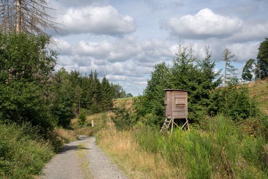 Panoramic image of deerstand within the landscape of Bergisches Land, Germany