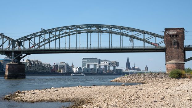 Low water of the Rhine river in Cologne, drought in Germany