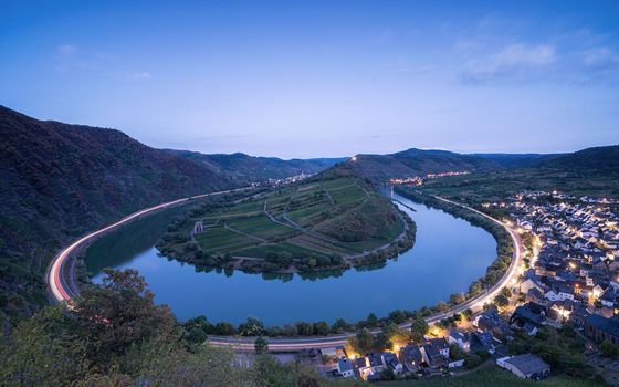 Panoramic image of Bremm with loop of Moselle river, Germany
