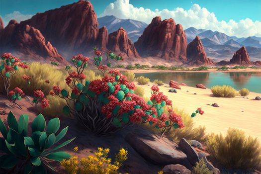 desert with mountains, cacti, bushes. High quality illustration