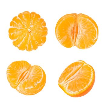 Collection slised mandarin fruits isolated on white with clipping path as package design element and advertising. Full depth of field.