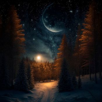 Illustration of a fabulous winter night in the forest. High quality illustration
