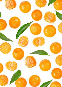 Creative levitation pattern with whole and pieces peeled tangerines. Selective focus. Isolated fruit. Packaging concept. Clip art image for package design.