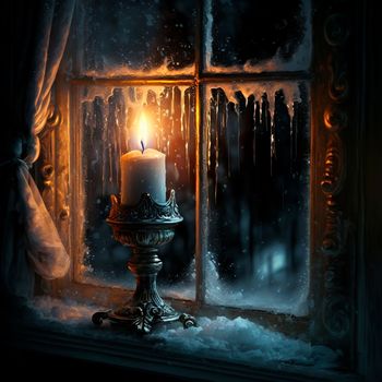 A candle in a candlestick on a frozen windowsill. High quality illustration