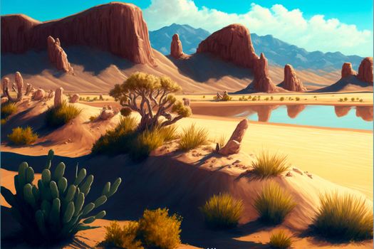 desert with mountains, cacti, bushes. High quality illustration