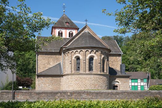 Center of village Odenthal with parish church and old buildings, Bergisches Land, Germany