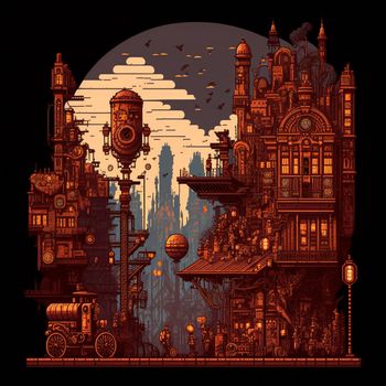 Cartoon image of a steampunk city stylized as pixelart. High quality illustration