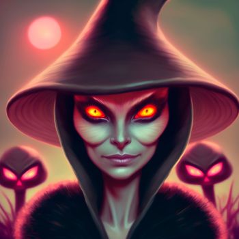 A sinister witch with red eyes. High quality illustration
