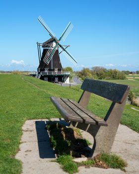 Panoramic image of the windmill of Pellworm against blue sky, North Frisia, Germany