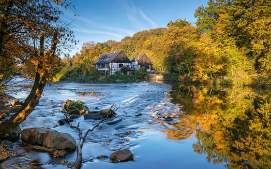 Panoramic image of the Wipperkotten close to the Wupper river during autumn, Solingen, Germany