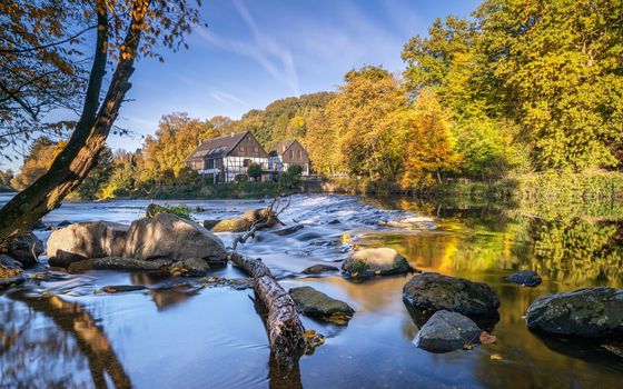 Panoramic image of the Wipperkotten close to the Wupper river during autumn, Solingen, Germany