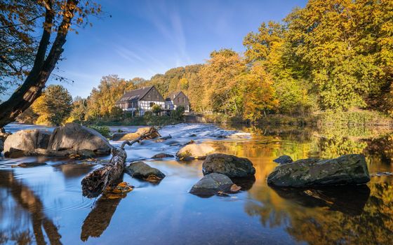 Panoramic image of the Wipperkotten close to the Wupper river during autumn, Solingen, Germany