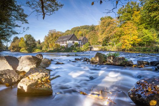 Panoramic image of the Wipperkotten close to the Wupper river during autumn, Solingen, Germany