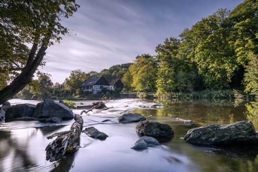 Panoramic image of the Wipperkotten close to the Wupper river during autumn, Solingen, Germany