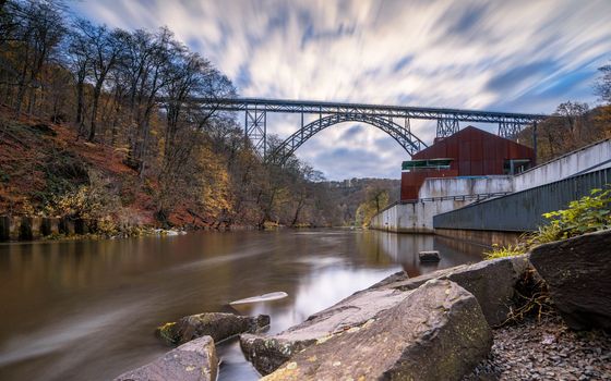 Panoramic image of landmark Mungstener Bridge at sunset, Bergisches Land, Solingen, Germany