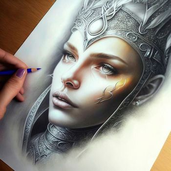 Illustration of a girl on a piece of paper in the style of fantasy. High quality illustration