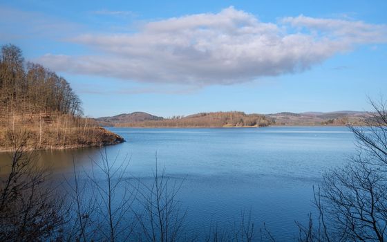 Panoramic landscape of Ronsdorfer reservoir at summertime, recreation and hiking area of Bergisches Land, Germany