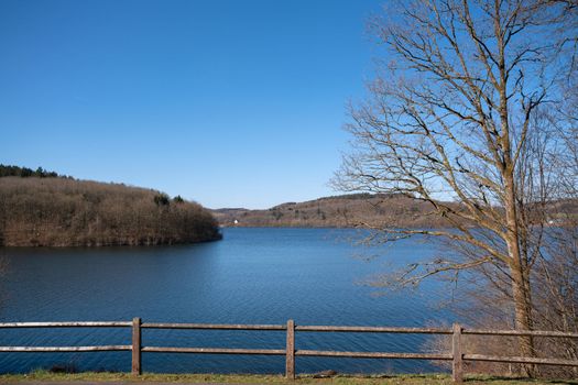 Panoramic landscape of Ronsdorfer reservoir at summertime, recreation and hiking area of Bergisches Land, Germany